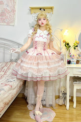 Robe Lolita Princesse Douce Style Ballet à Volants Multicouches Rose avec Nœud Papillon et Lacets